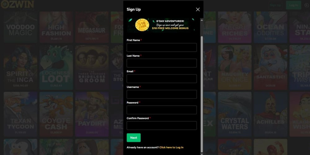 Ozwin Casino Registration