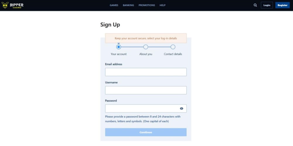 Ripper Casino Registration Step 1