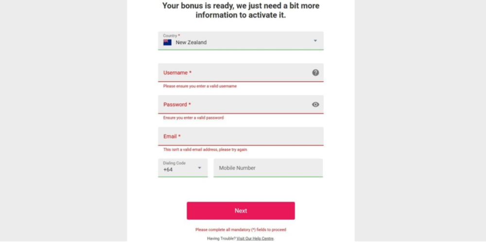 Spin Casino Registration Step 1